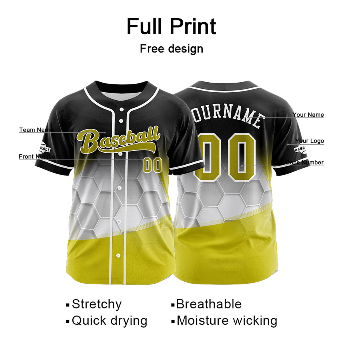 Camiseta de béisbol personalizada negra y amarilla con botones para hombre mujer adulto y joven Estampado de nombre número y logotipo
