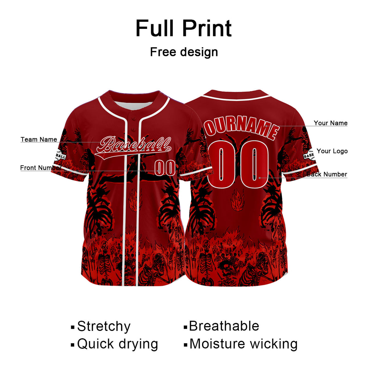 Camiseta de béisbol roja personalizada con nombre número y logotipo personalizados