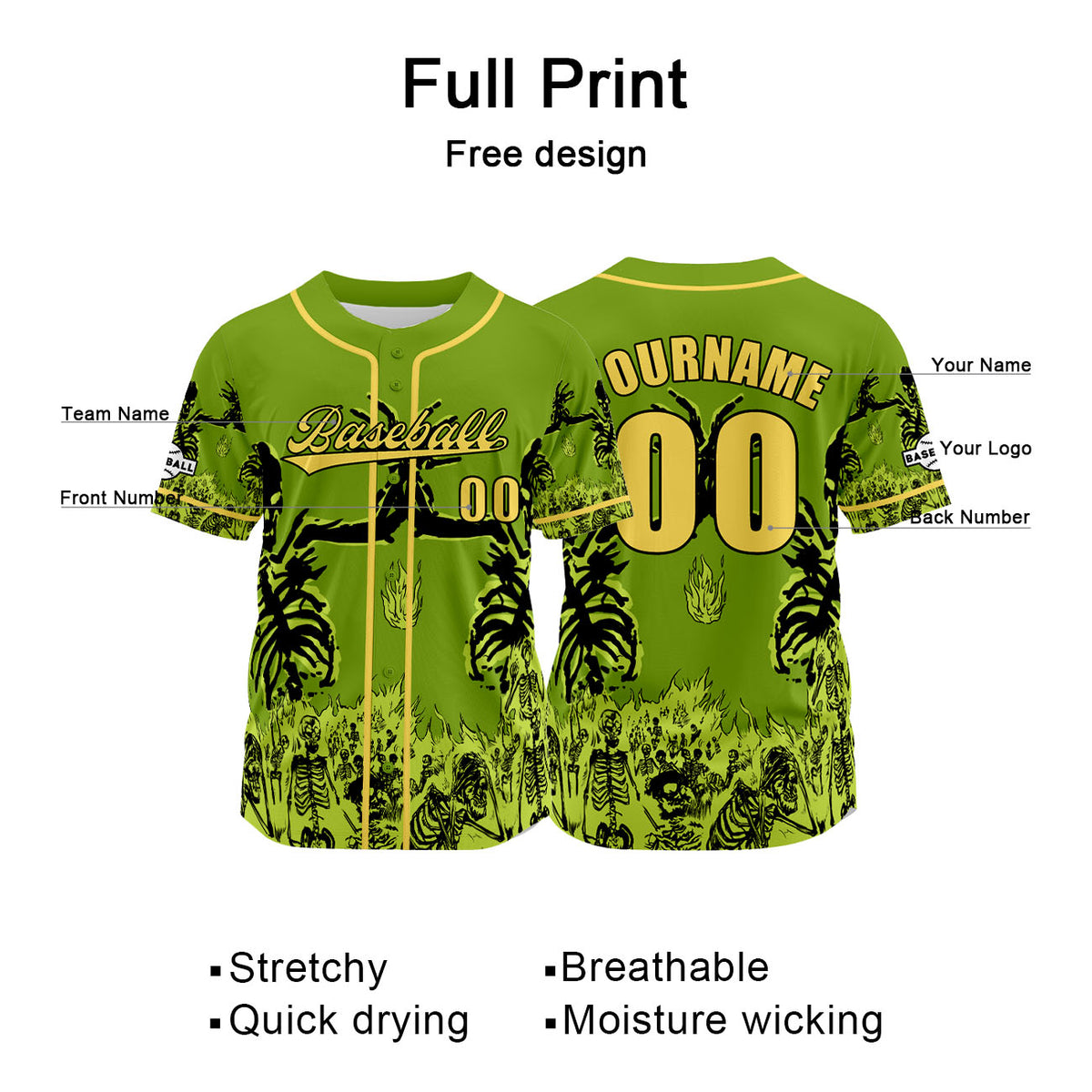 Camiseta de béisbol verde personalizada con nombre número y logotipo personalizados