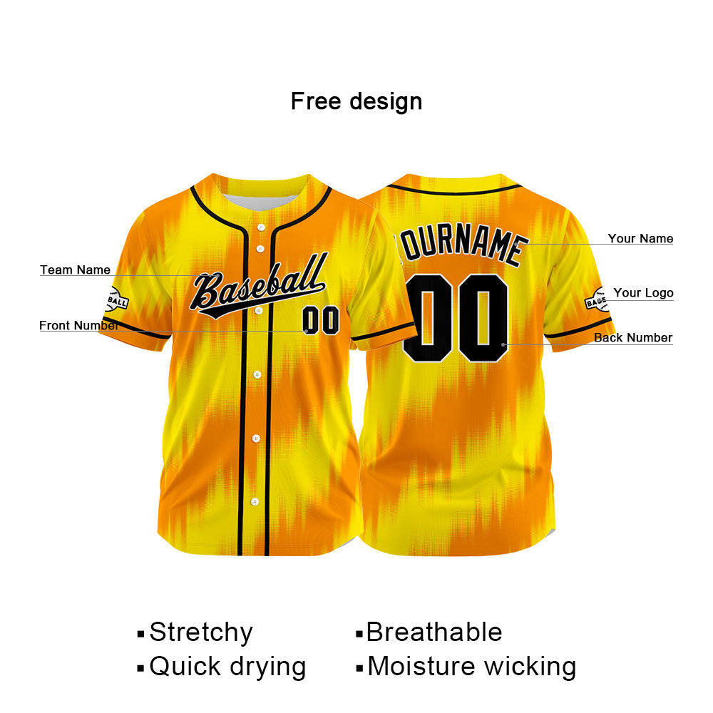 Camiseta de béisbol con dise?o personalizado estampado completo color naranja-amarillo