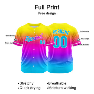 Dise?o personalizado de camiseta de béisbol con estampado completo en azul claro morado y amarillo