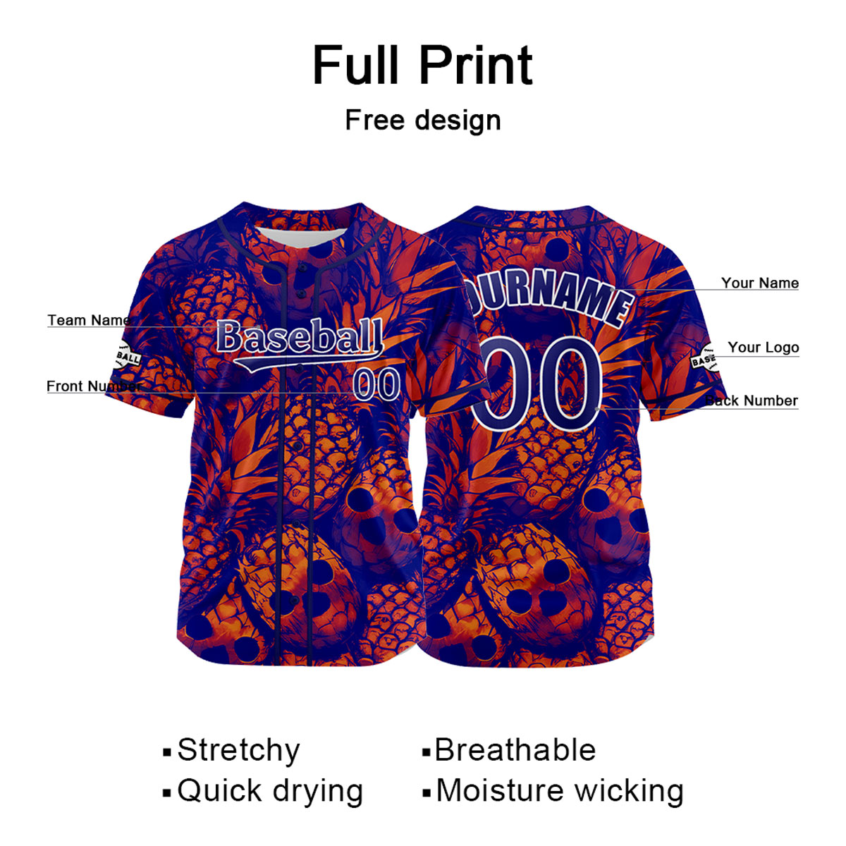 Camiseta de béisbol azul Redmidnight personalizada con nombre número y logotipo personalizados