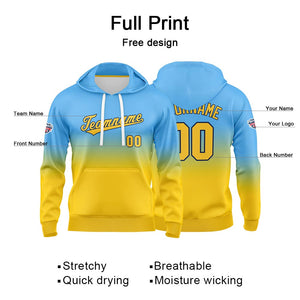 Sudadera con capucha personalizada con degradado para hombre-mujer-niña o niño Estampa tu logotipo-nombre o número en azul claro y amarillo