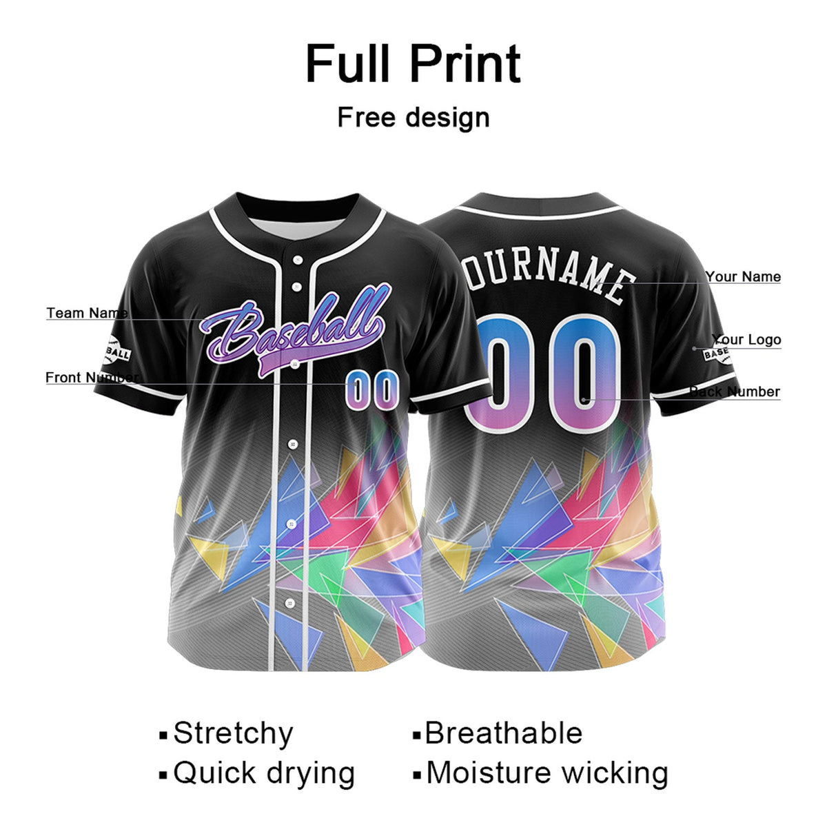 Camiseta de béisbol negra personalizada con botones para hombre mujer adulto y joven Nombre número y logotipo impresos