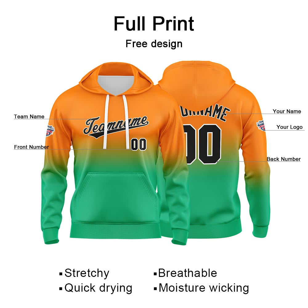 Sudadera con capucha personalizada con degradado para hombre-mujer-niña o niño Estampa tu logotipo-nombre o número en color naranja y verde