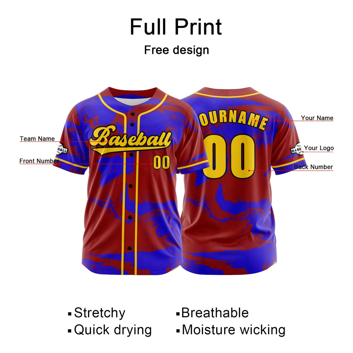 Camiseta de béisbol roja personalizada con botones para hombre mujer adulto y joven Estampado de nombre número y logotipo