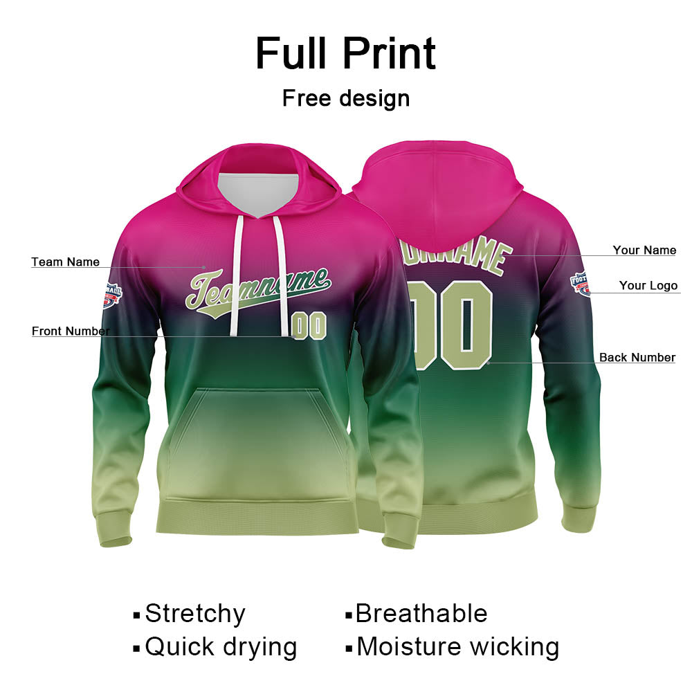 Sudadera con capucha personalizada con degradado para hombre-mujer-niña o niño Estampa tu logotipo-nombre o número en color morado y verde