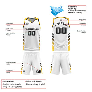 Uniforme de baloncesto personalizado blanco y amarillo con tu logotipo-nombre y número impresos