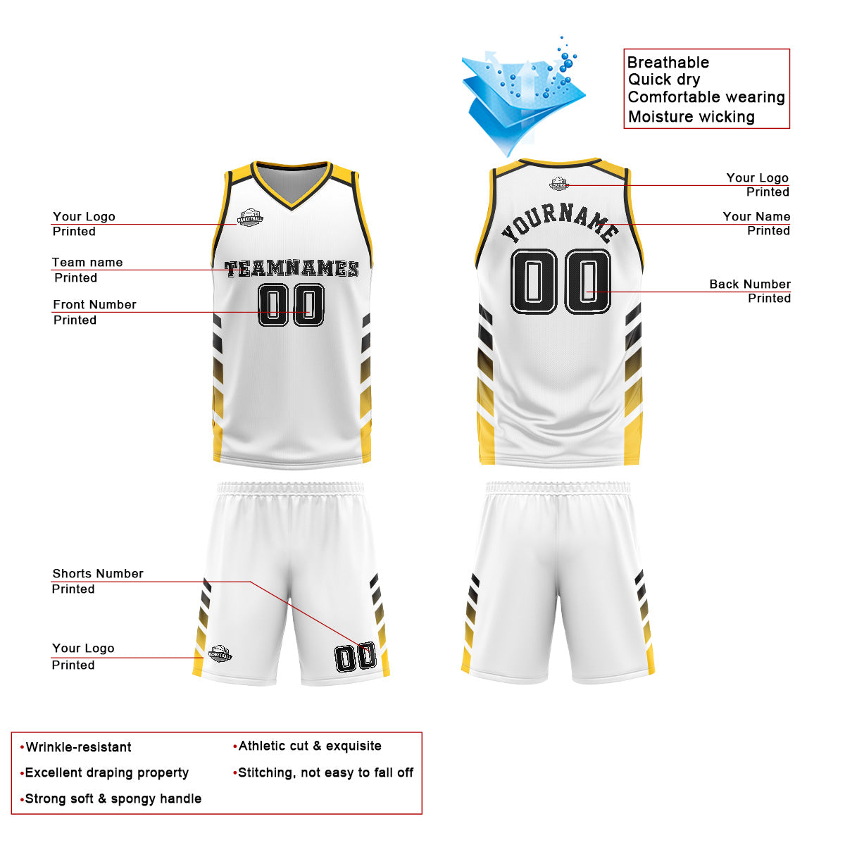 Uniforme de baloncesto personalizado blanco y amarillo con tu logotipo-nombre y número impresos