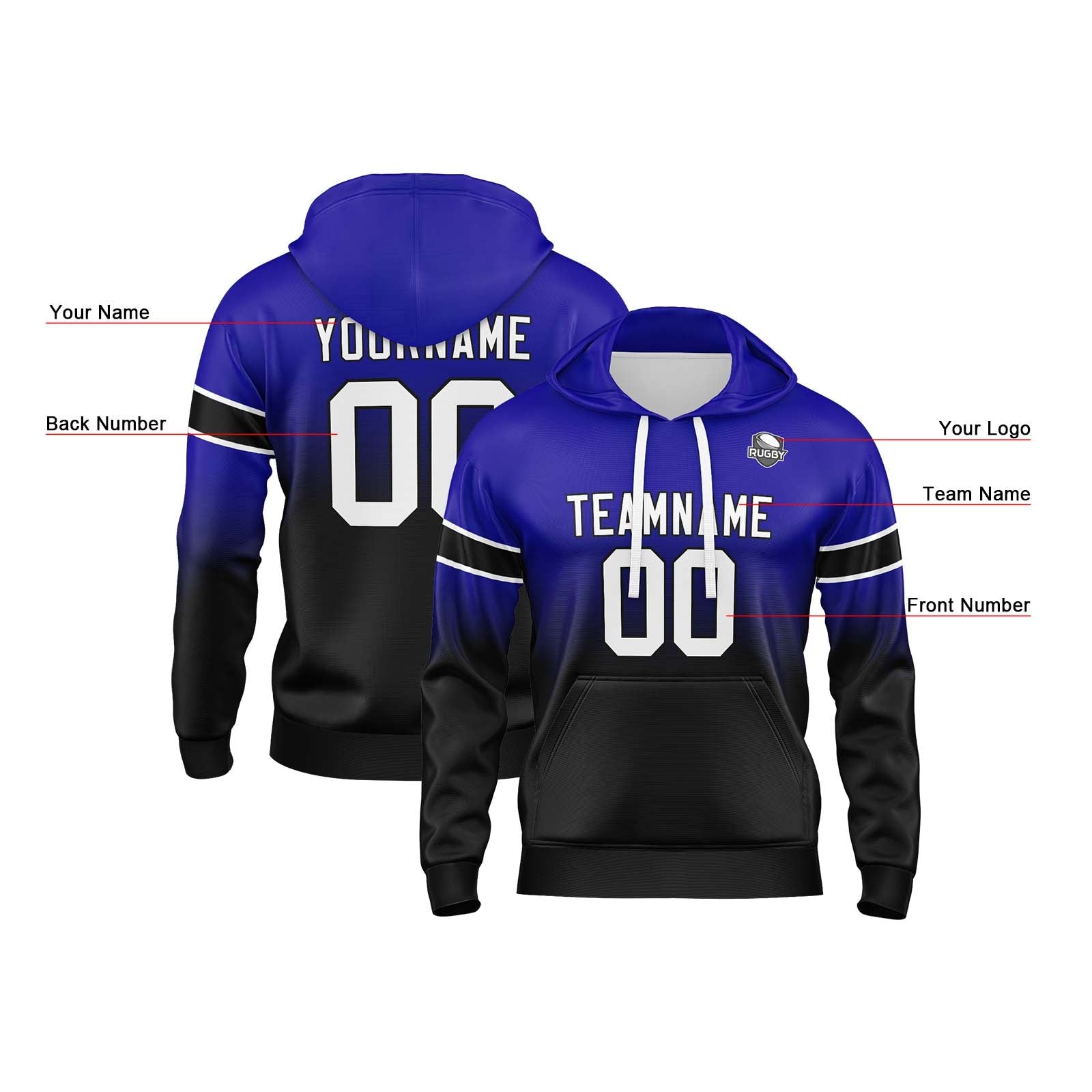 Sudadera con capucha degradada personalizada para hombre-mujer-niña o niño Imprime tu logotipo-nombre y número en azul marino y negro