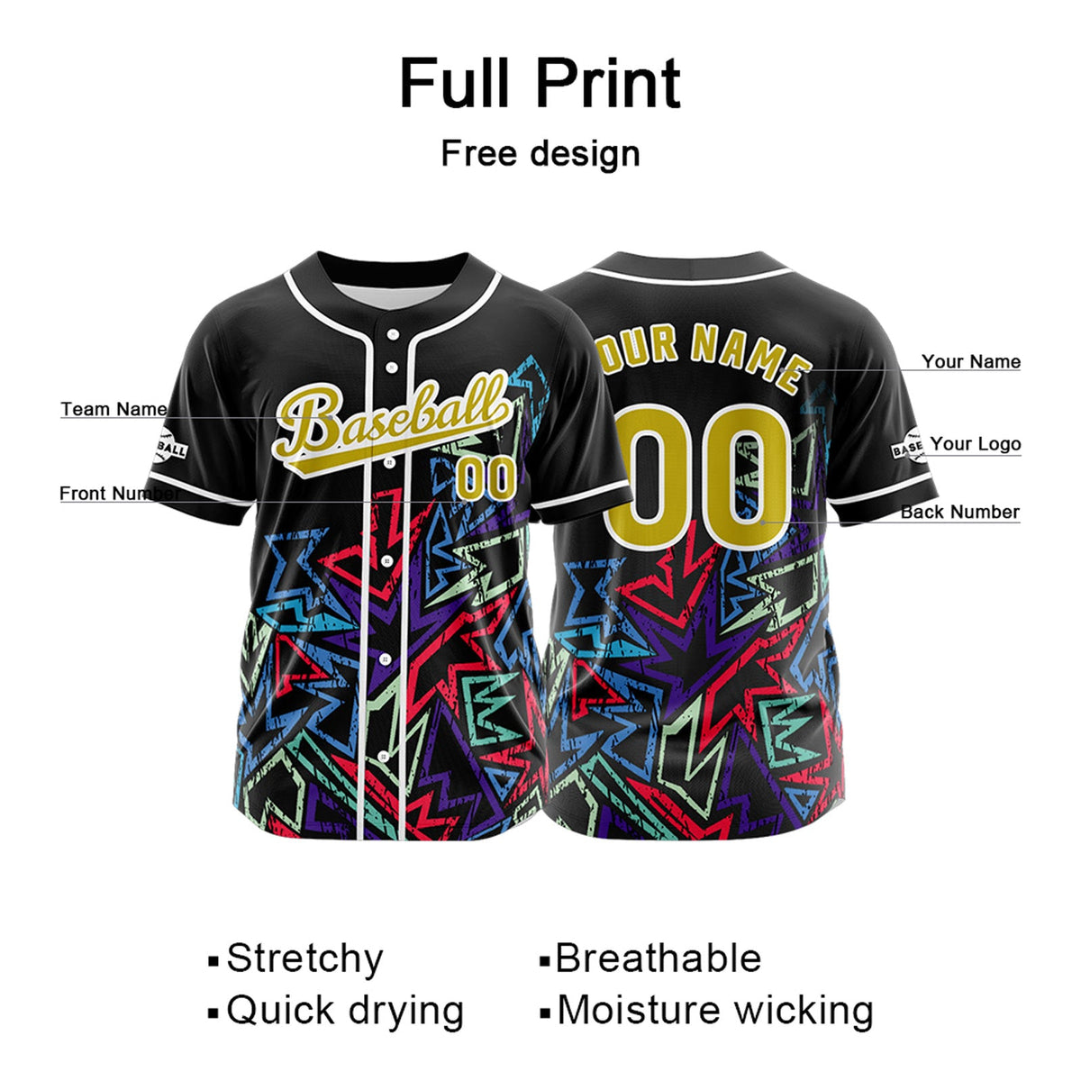 Camiseta de béisbol personalizada negra y amarilla con botones para hombre mujer adulto y joven Estampado de nombre número y logotipo
