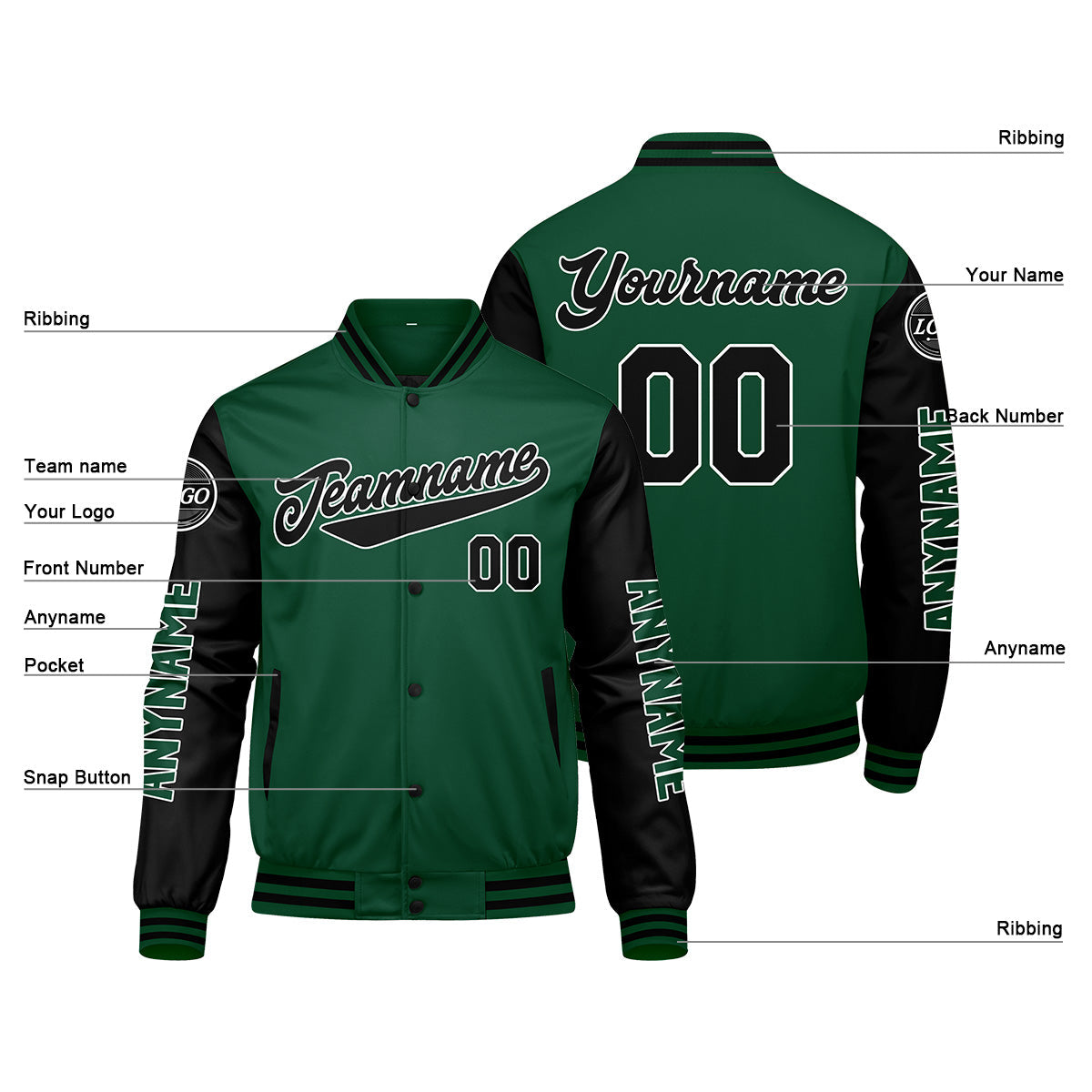 Chaquetas universitarias personalizadas en verde y negro para hombres & mujeres y jóvenes & Chaquetas Letterman personalizadas