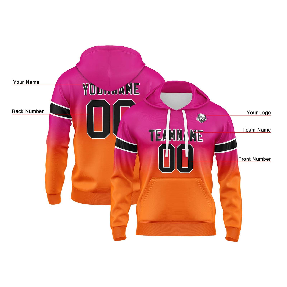 Sudadera con capucha degradada personalizada para hombre-mujer-niña o niño Estampa tu logotipo-nombre o número en rosa y naranja