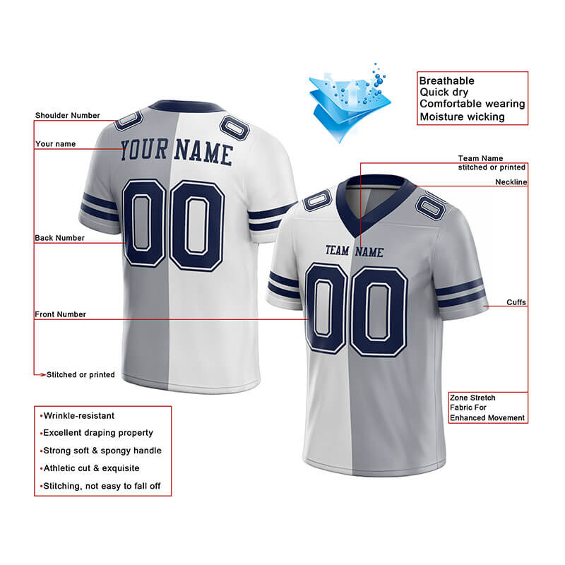 custom authentic split fashion football jersey navy-white-gray mesh