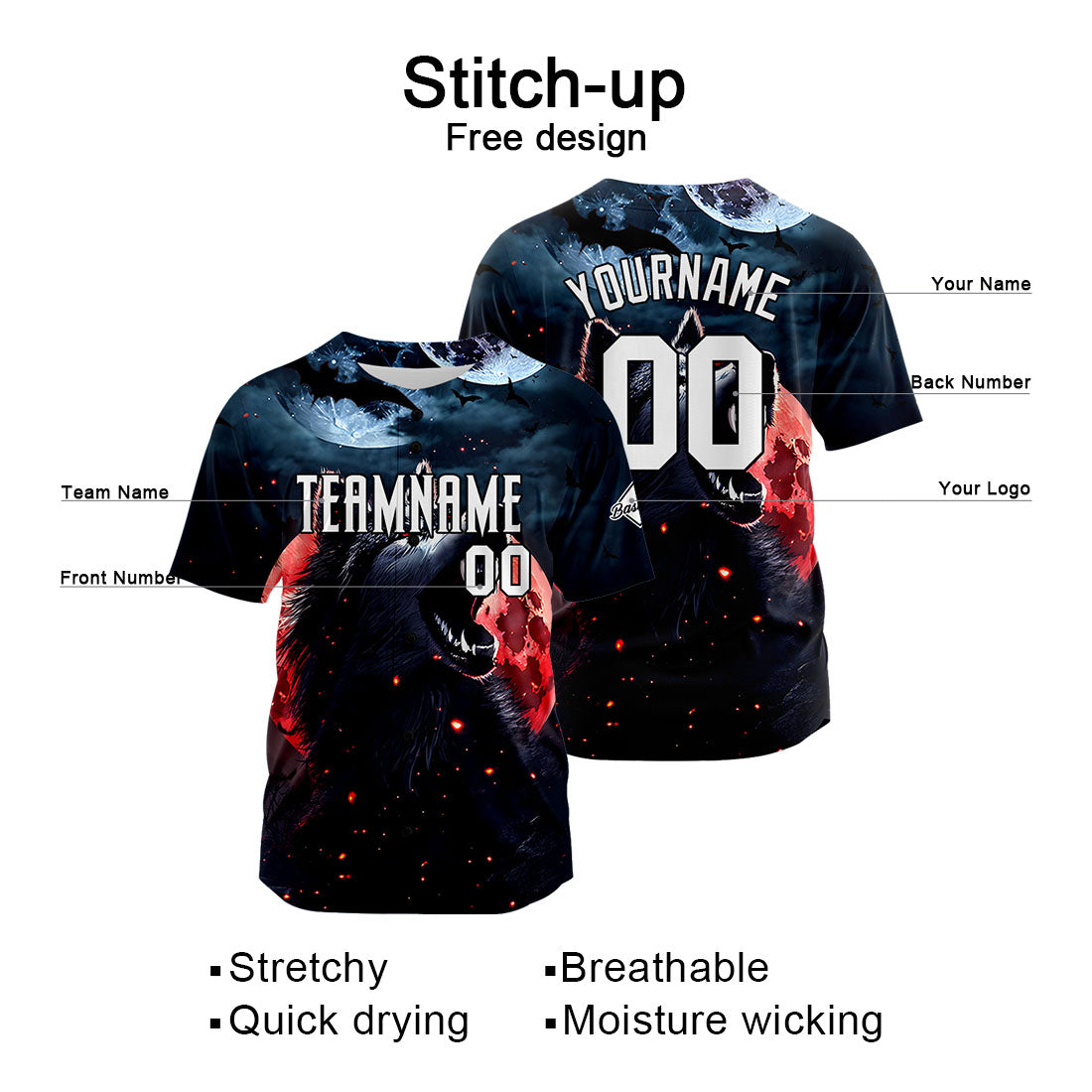 Uniformes de béisbol personalizados Blood Moon Wolf de alta calidad para adultos y niños & optimizados para el rendimiento