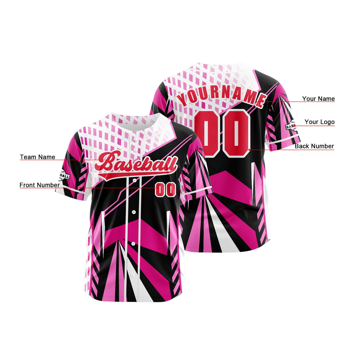 Camiseta de béisbol rosa personalizada con botones para hombre mujer adulto y joven Estampado de nombre número y logotipo