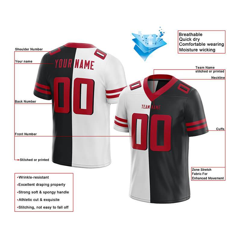 custom authentic split fashion football jersey black-white-red mesh