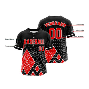 Camiseta de béisbol personalizada negra y roja con botones para hombre mujer adulto y joven Nombre número y logotipo impresos