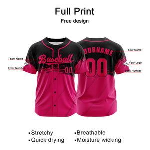 Camiseta de béisbol personalizada rosa y negra con botones para hombre mujer adulto y joven Estampado de nombre número y logotipo
