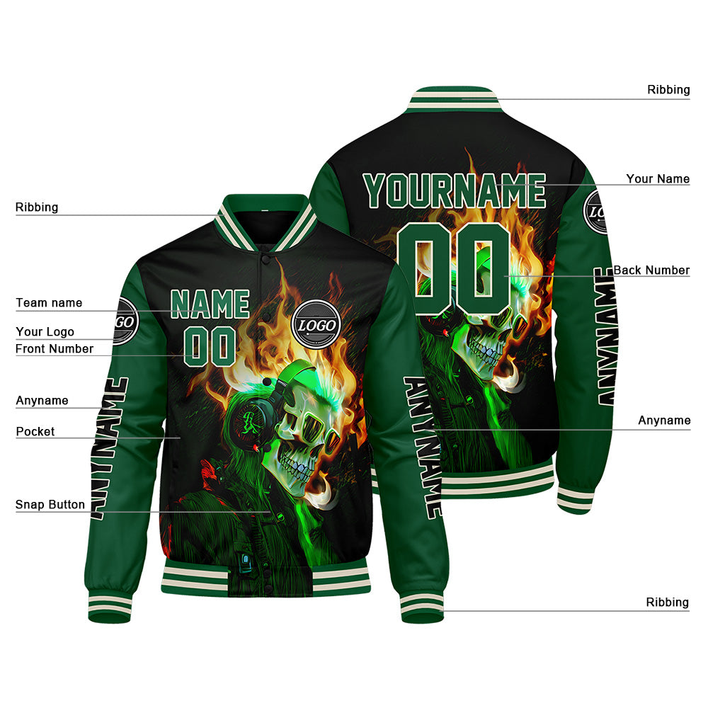 Chaquetas universitarias personalizadas en verde y negro para hombres & mujeres y jóvenes & Chaquetas Letterman personalizadas