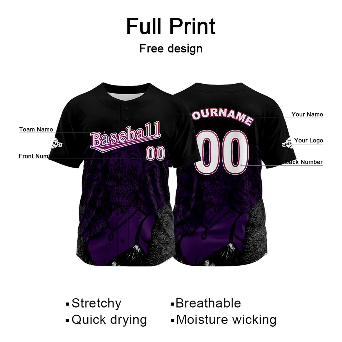 Camiseta de béisbol negra personalizada con nombre número y logotipo personalizados