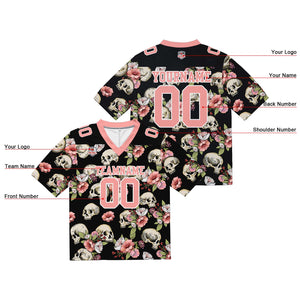 Camiseta de fútbol personalizada con nombre y número del equipo bordados y estampados en color rosa calavera