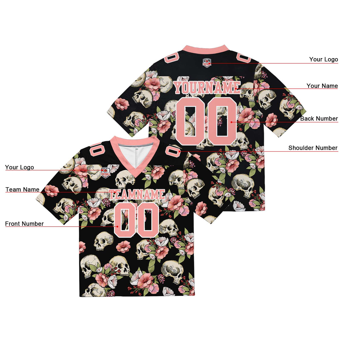 Camiseta de fútbol personalizada con nombre y número del equipo bordados y estampados en color rosa calavera