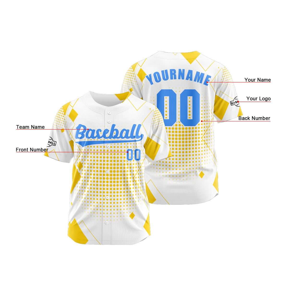 Camiseta de béisbol personalizada blanca y amarilla con botones para hombre mujer adulto y joven Estampado de nombre número y logotipo