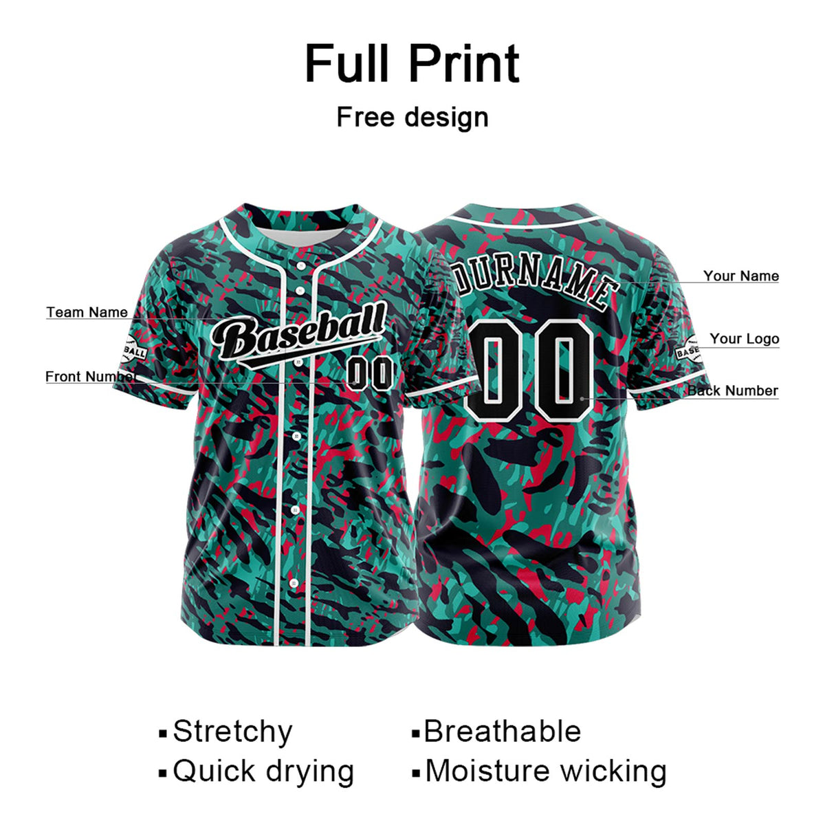 Camiseta de béisbol verde personalizada con botones para hombre mujer adulto y joven Nombre número y logotipo impresos