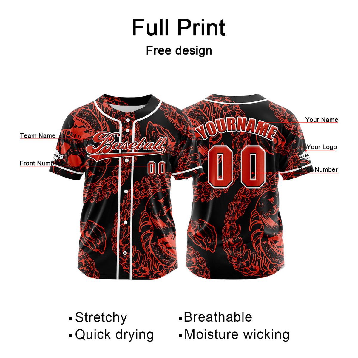 Camiseta de béisbol roja personalizada con botones para hombre mujer adulto y joven Estampado de nombre número y logotipo