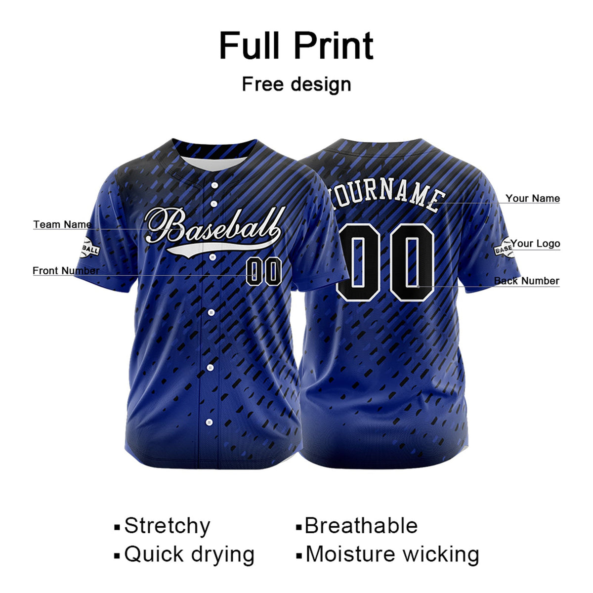 Camiseta de béisbol azul personalizada con botones para hombre mujer adulto y joven Nombre número y logotipo impresos