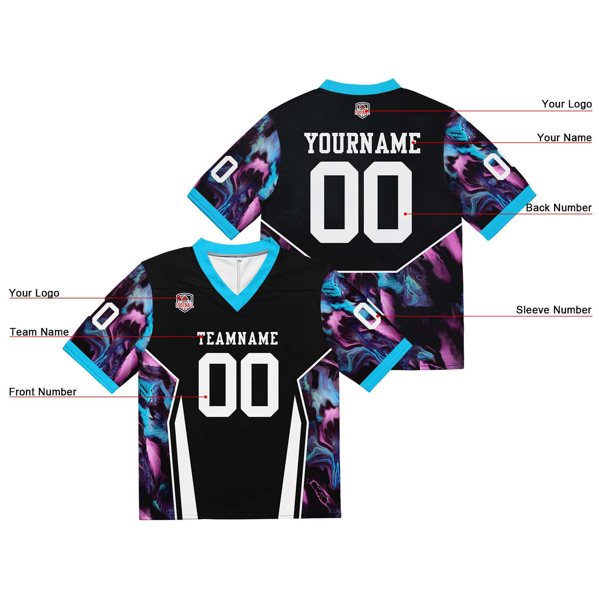 Camiseta de fútbol personalizada con nombre y número del equipo bordados-color negro y azul claro