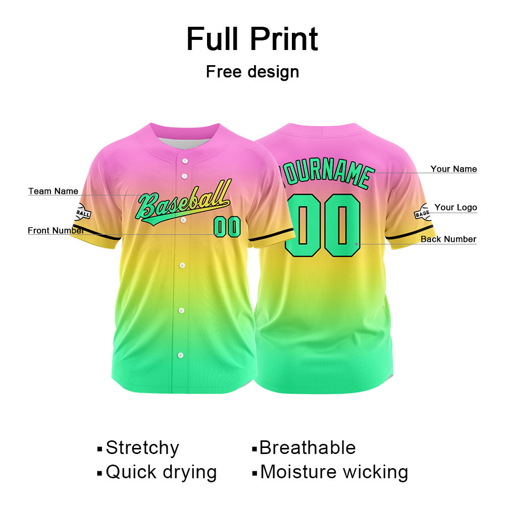Dise?o personalizado de camiseta de béisbol con estampado completo en verde amarillo y rosa
