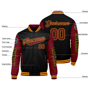 Chaquetas universitarias personalizadas en color carmesí & negro y amarillo para hombres & mujeres y jóvenes & Chaquetas tipo Letterman personalizadas