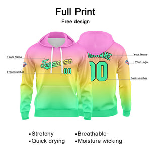 Sudadera con capucha personalizada con degradado para hombre-mujer-niña o niño Estampa tu logotipo-nombre o número en rosa-amarillo y verde