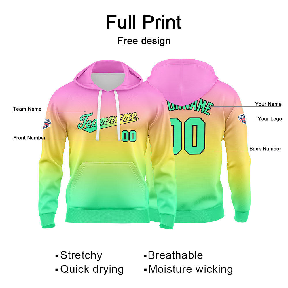 Sudadera con capucha personalizada con degradado para hombre-mujer-niña o niño Estampa tu logotipo-nombre o número en rosa-amarillo y verde