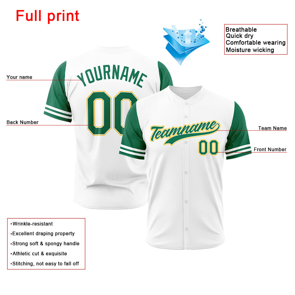 Camiseta de béisbol con dise?o personalizado estampado completo en blanco verde y amarillo