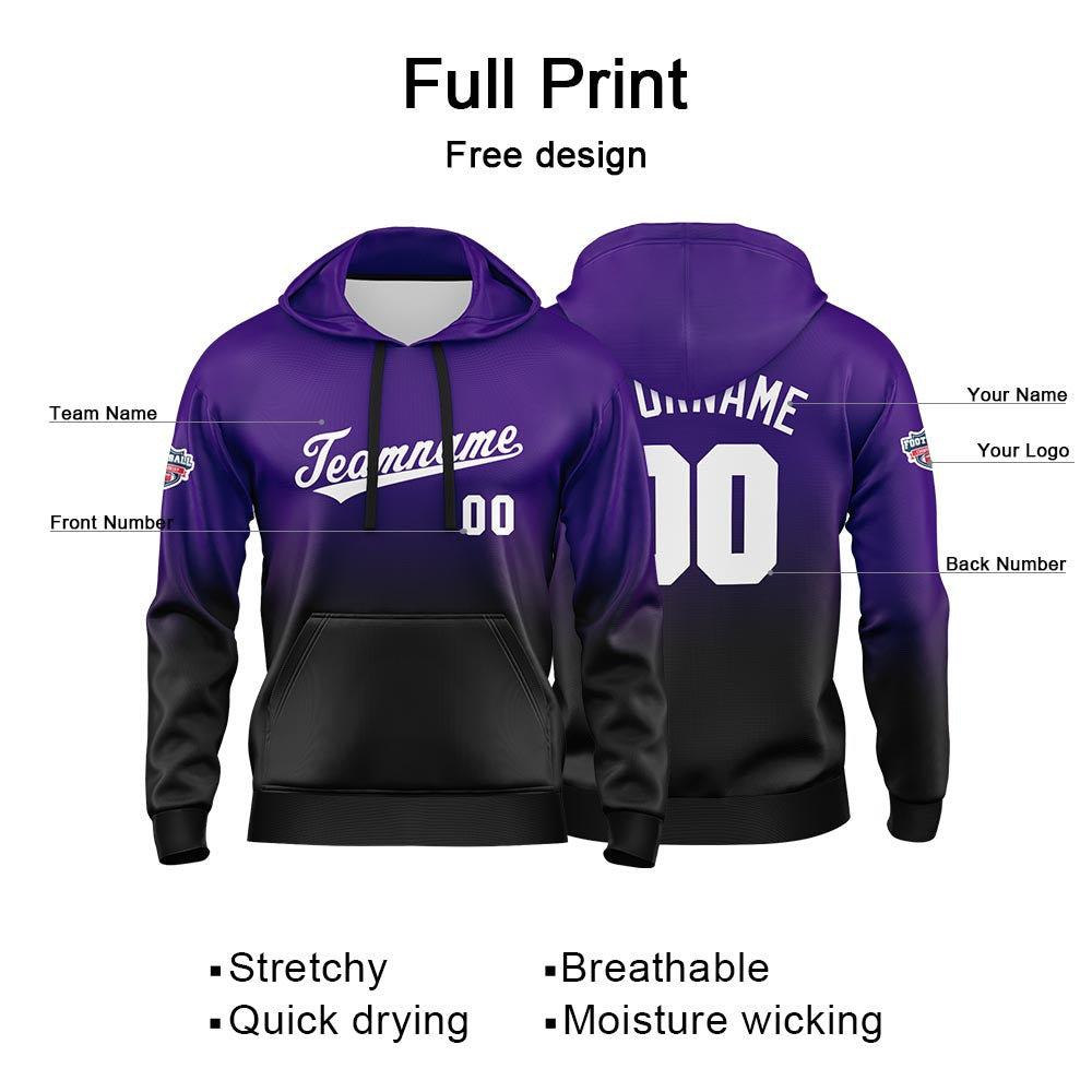 Sudadera con capucha personalizada con degradado para hombre-mujer-niña o niño Estampa tu logotipo-nombre o número Morado y negro