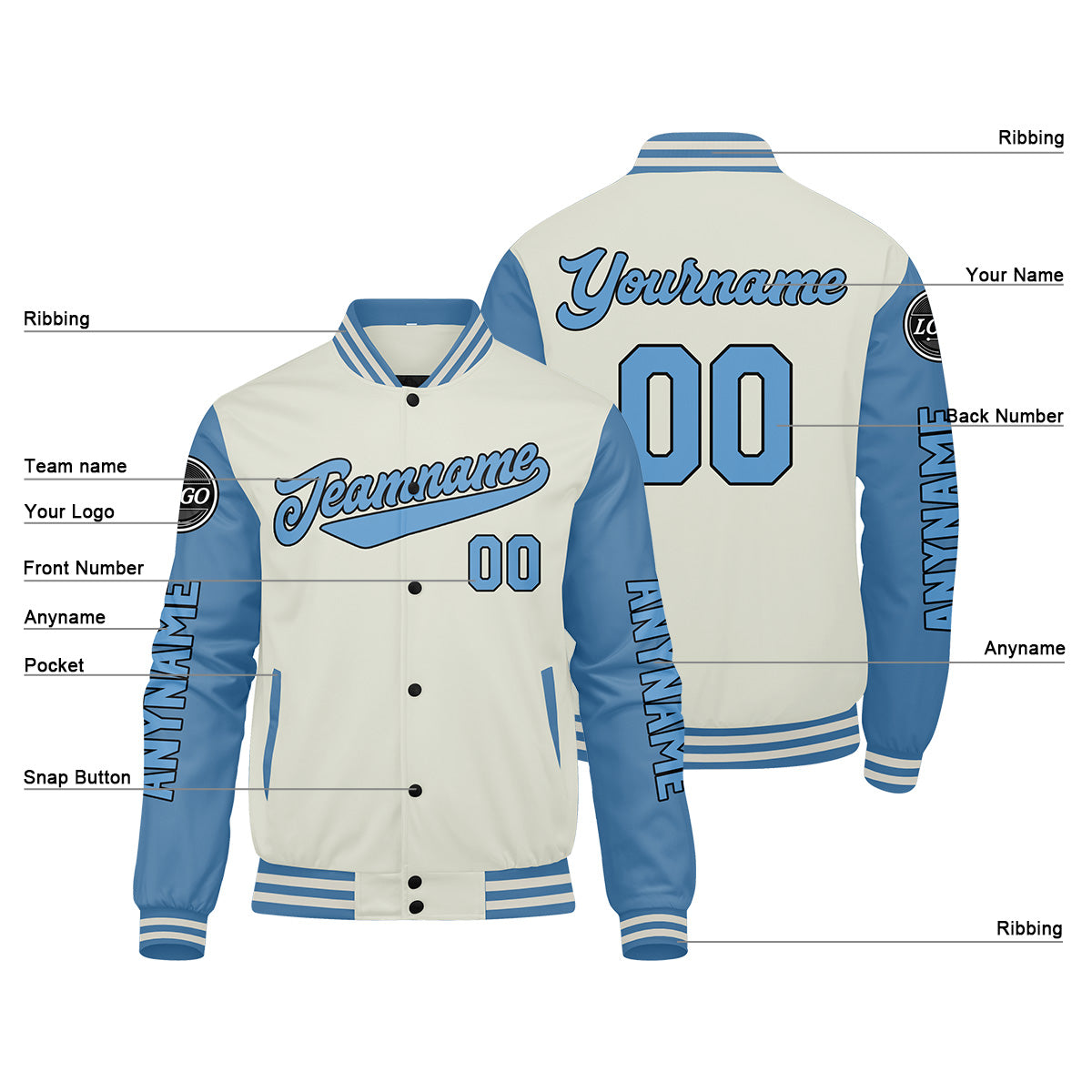 Chaquetas universitarias personalizadas azul claro crema para hombres & mujeres y jóvenes & Chaquetas Letterman personalizadas