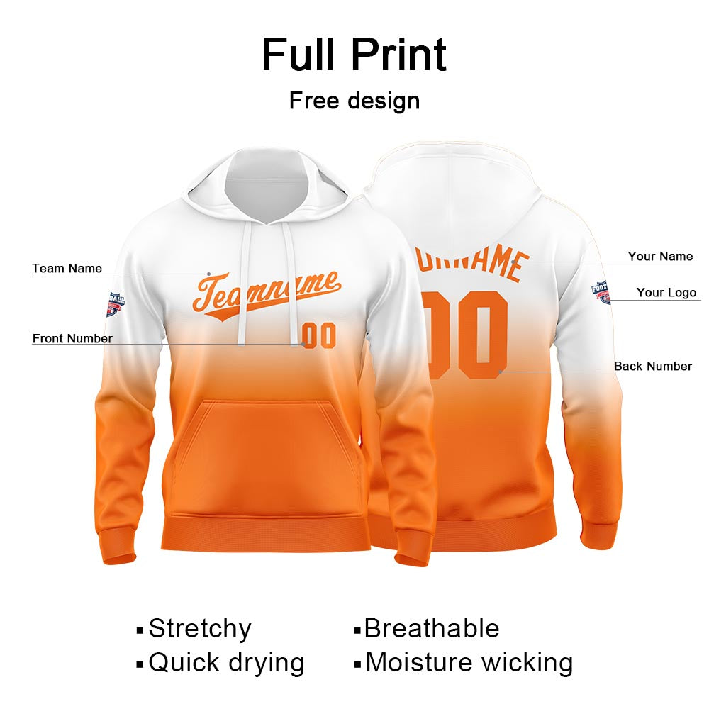 Sudadera con capucha personalizada con degradado para hombre-mujer-niña o niño Estampa tu logotipo-nombre o número en blanco y naranja