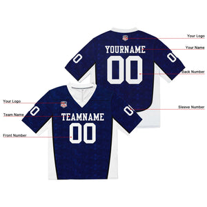 Camiseta de fútbol personalizada con nombre y número del equipo bordados y estampados en color azul marino