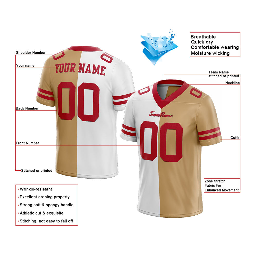 custom authentic split fashion football jersey gold-white-red mesh