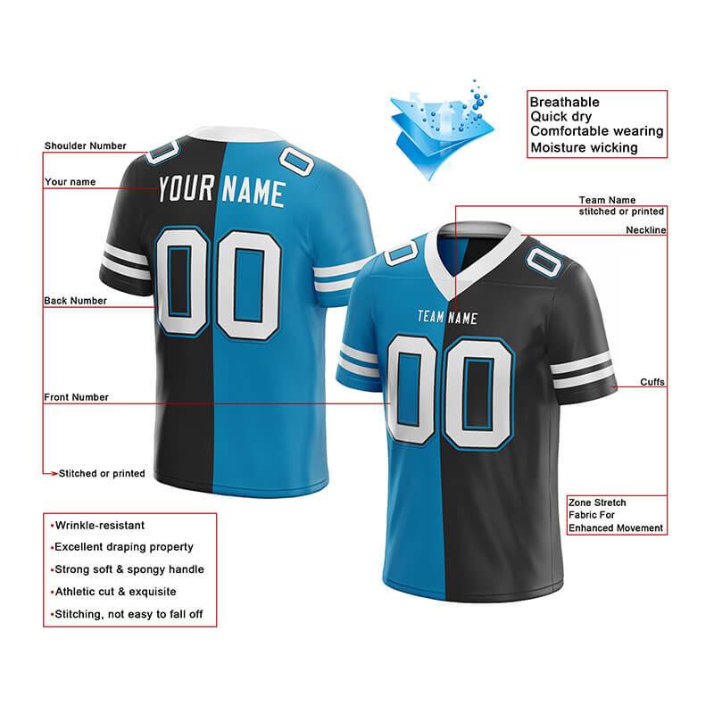 custom authentic split fashion football jersey blue-black-white mesh