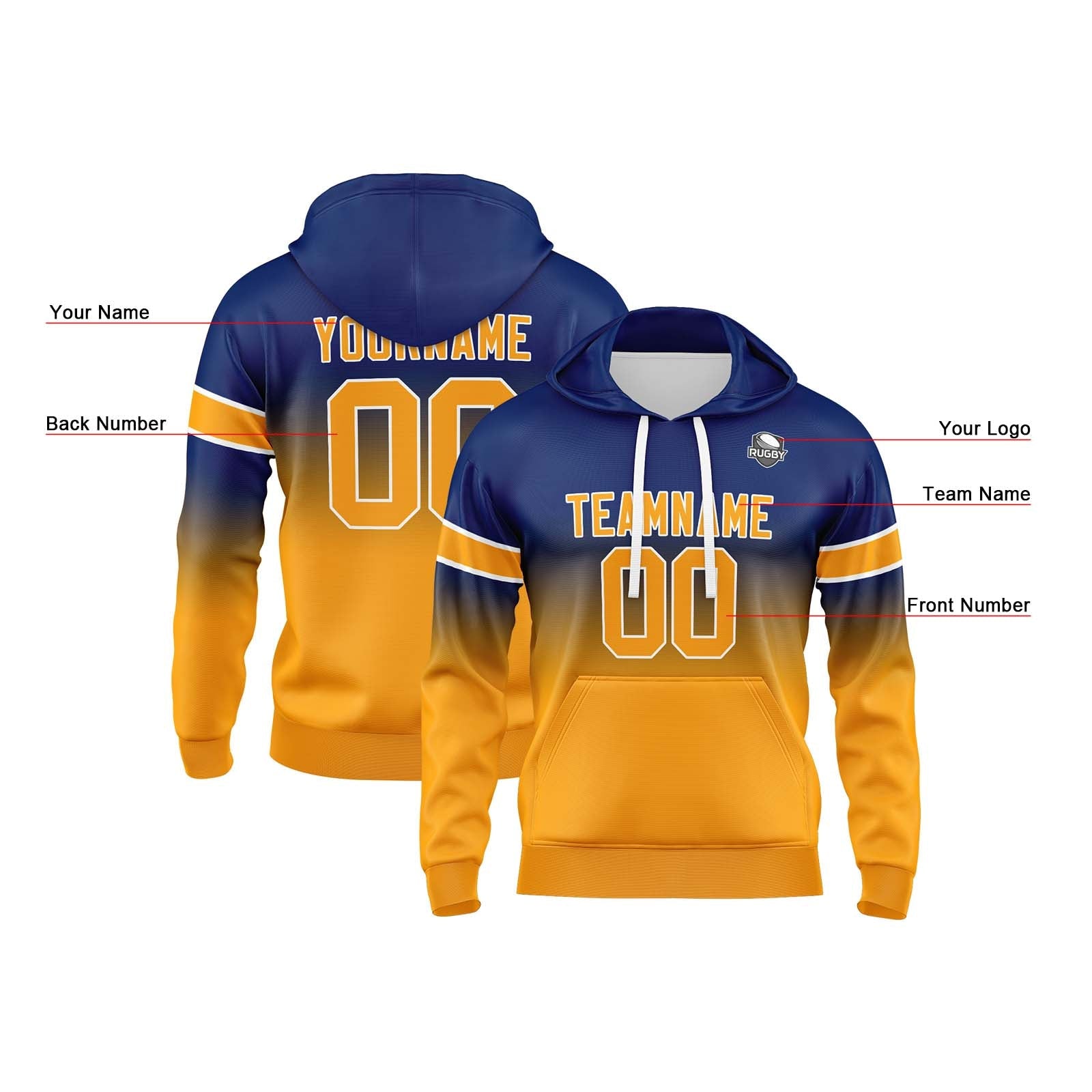 Sudadera con capucha personalizada con degradado para hombre-mujer-niña o niño Estampa tu logotipo-nombre o número Azul marino y naranja