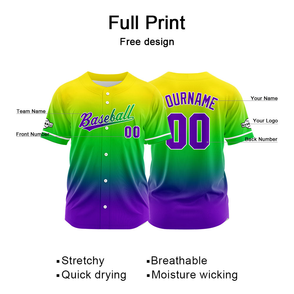 Dise?o personalizado de camiseta de béisbol con estampado completo en morado verde y amarillo