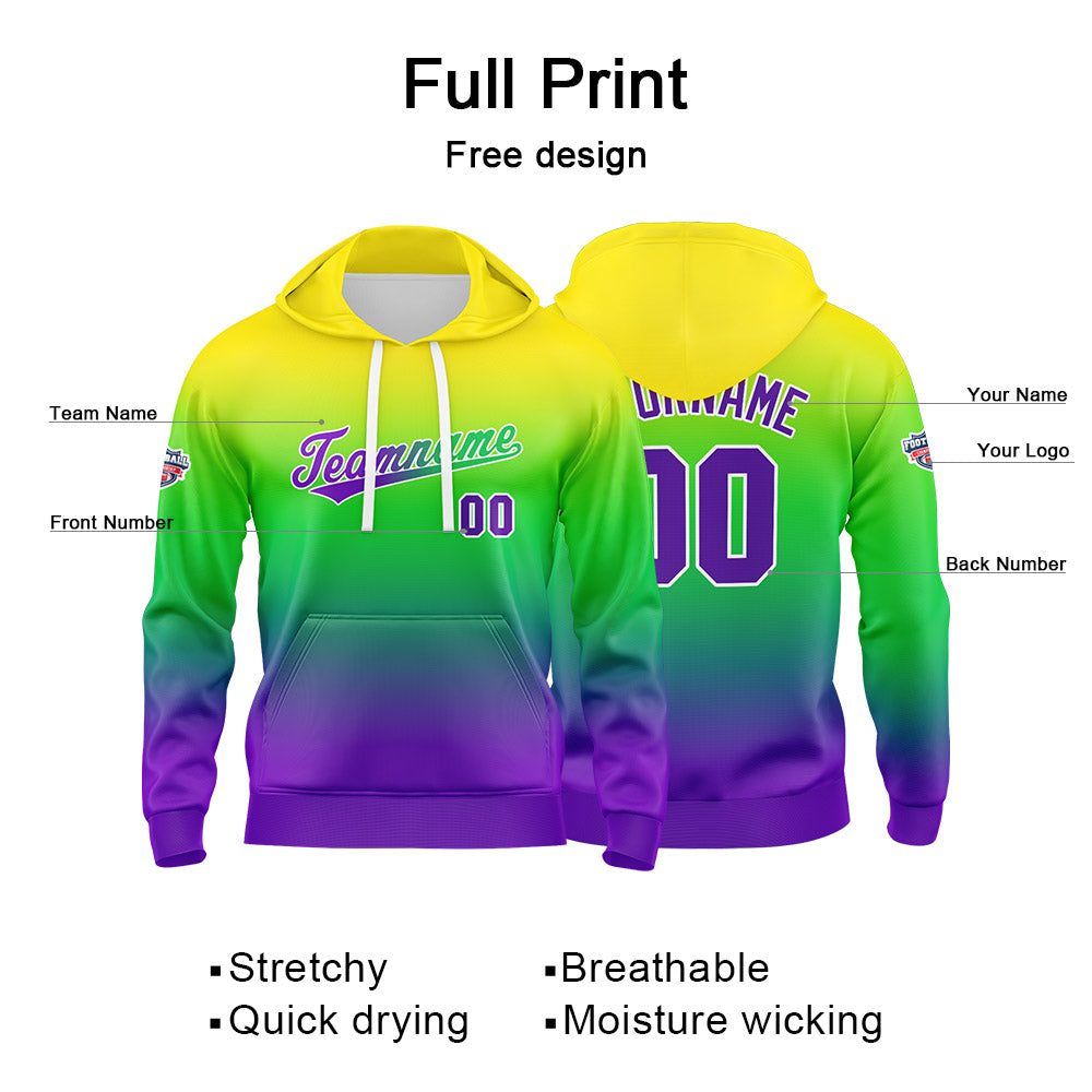 Sudadera con capucha personalizada con degradado para hombre-mujer-niña o niño Estampa tu logotipo-nombre o número en amarillo-verde y azul