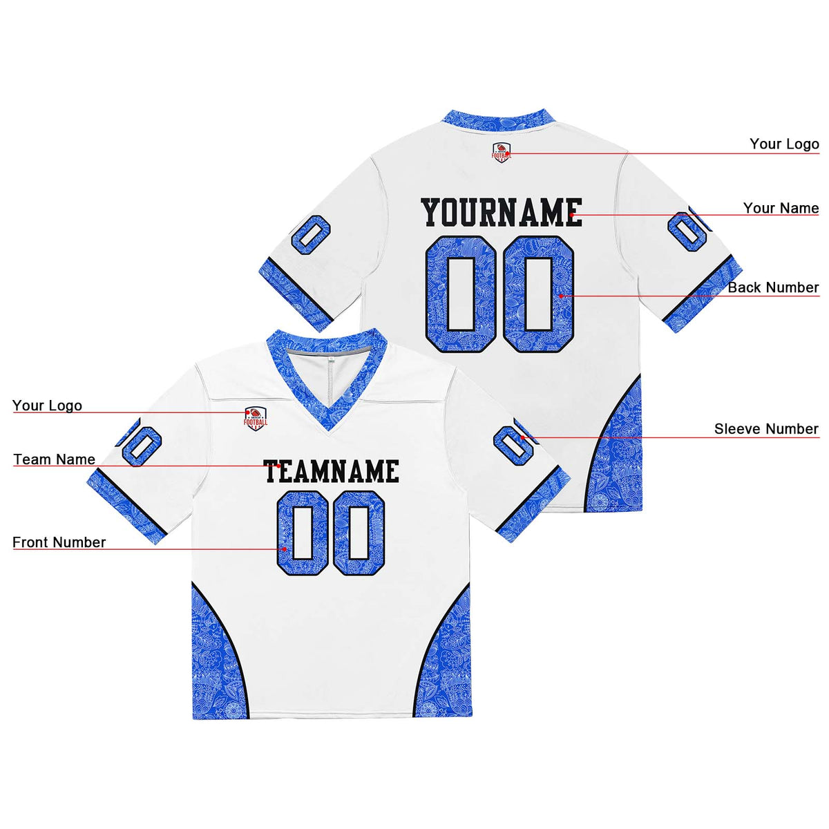Camiseta de fútbol personalizada con nombre y número del equipo bordados-color blanco y azul