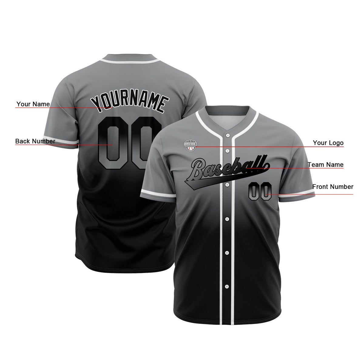 Camisetas de béisbol personalizadas con degradado nombre número y logotipo