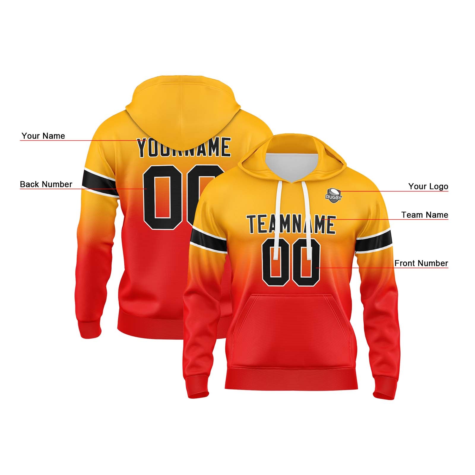 Sudadera con capucha personalizada con degradado para hombre-mujer-niña o niño Estampa tu logotipo-nombre y número en naranja y rojo