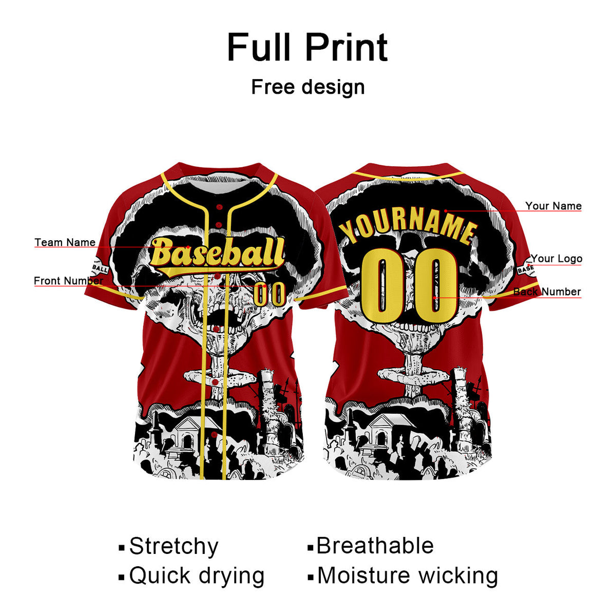 Camiseta de béisbol roja personalizada con nombre número y logotipo personalizados